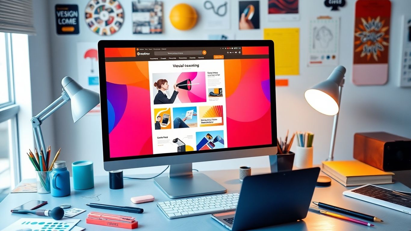 Web designer's creative workspace with a visually appealing website on screen.