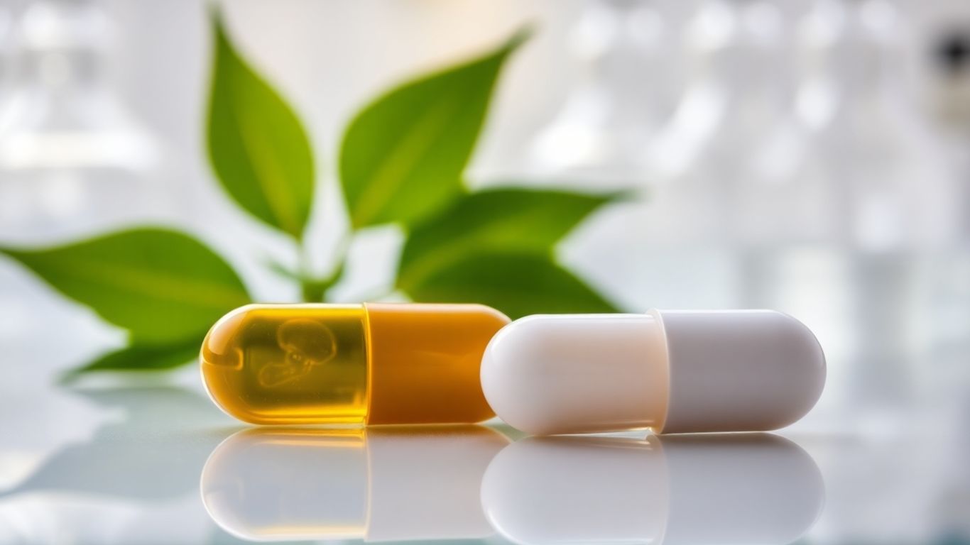 Two supplement capsules with laboratory glassware background