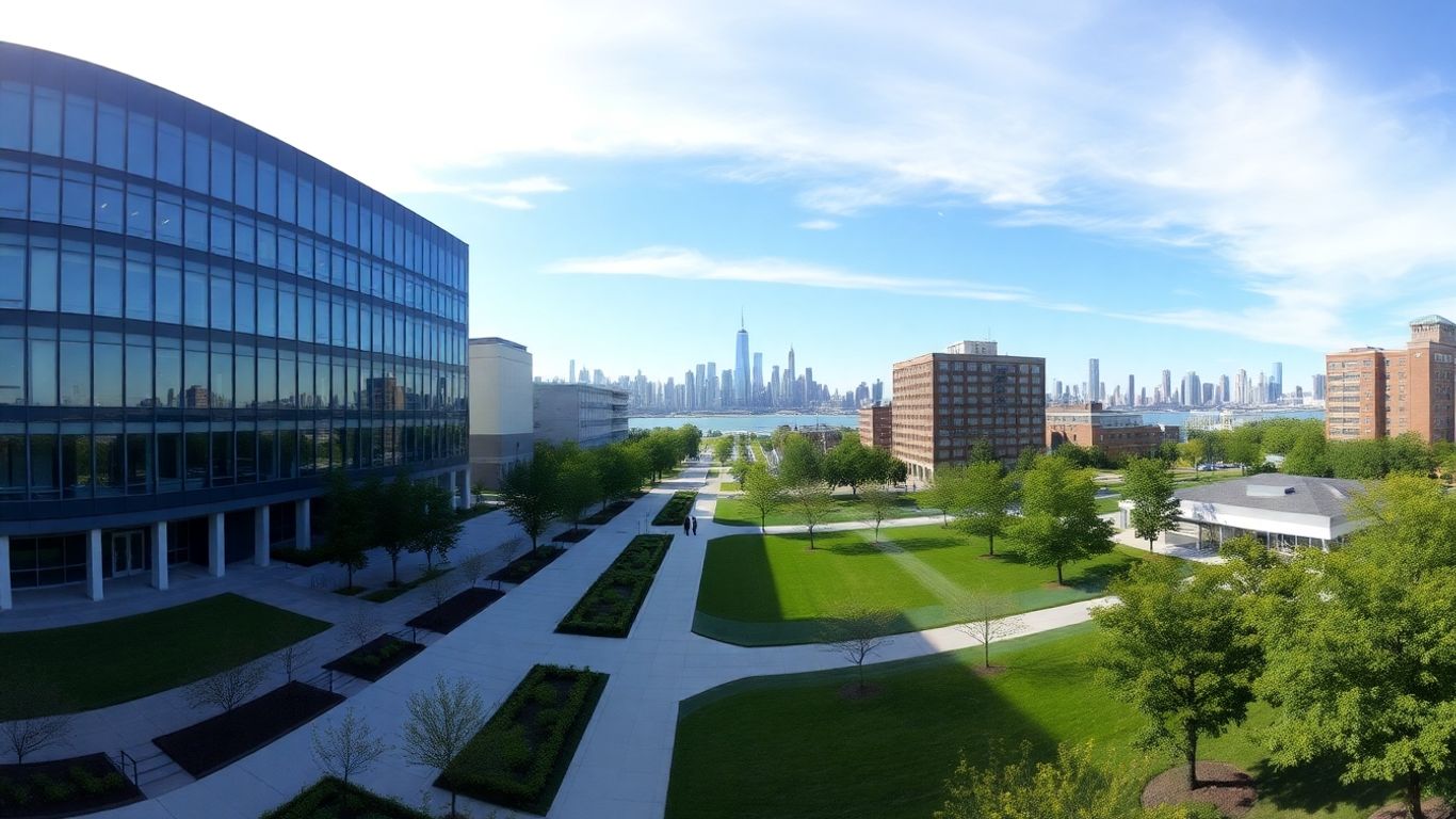 Stevens Institute of Technology campus with NYC skyline.