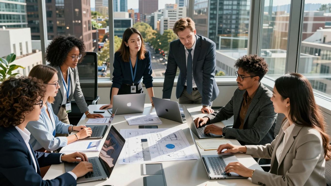 Spokane cityscape with business professionals collaborating