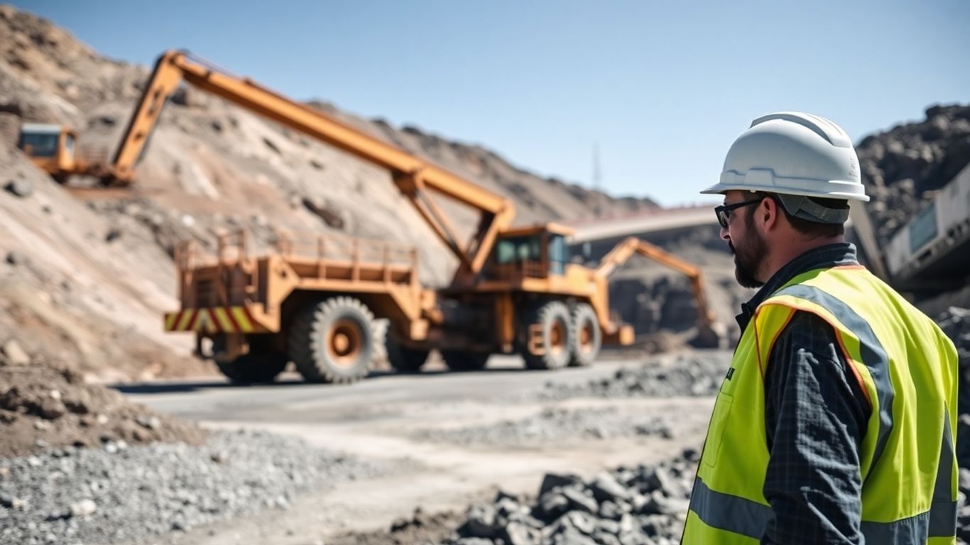Técnico em mineração em campo com equipamento de segurança.