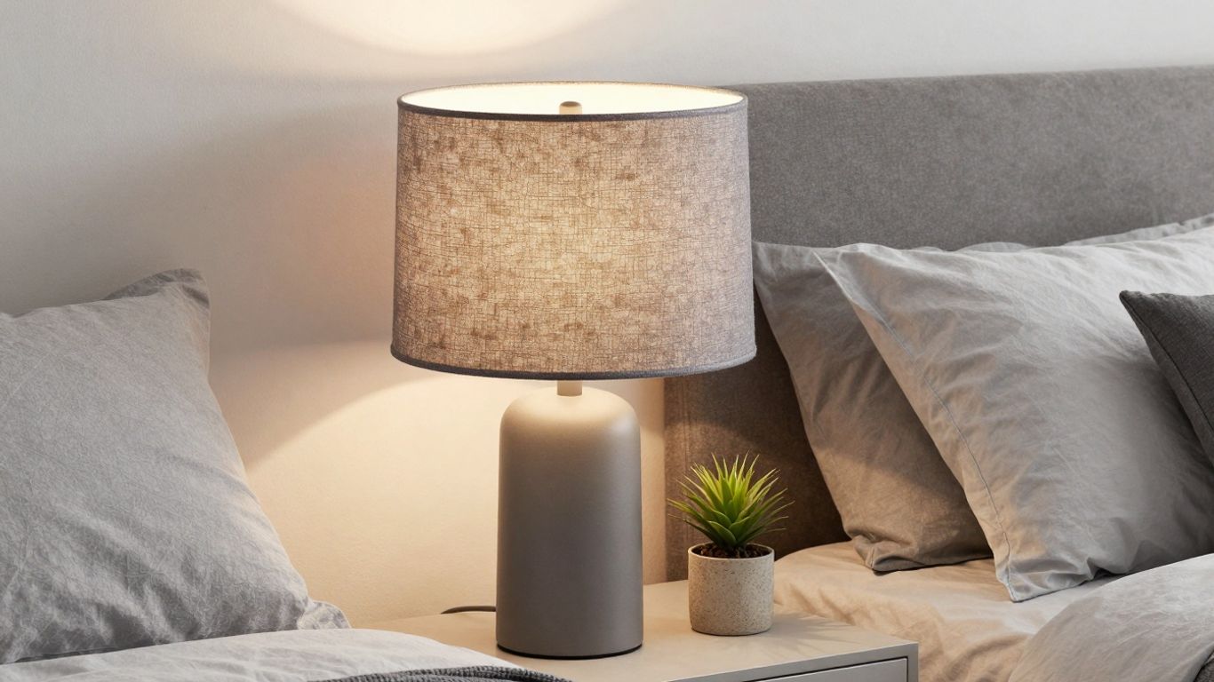 Stylish grey bedside lamp on a table.