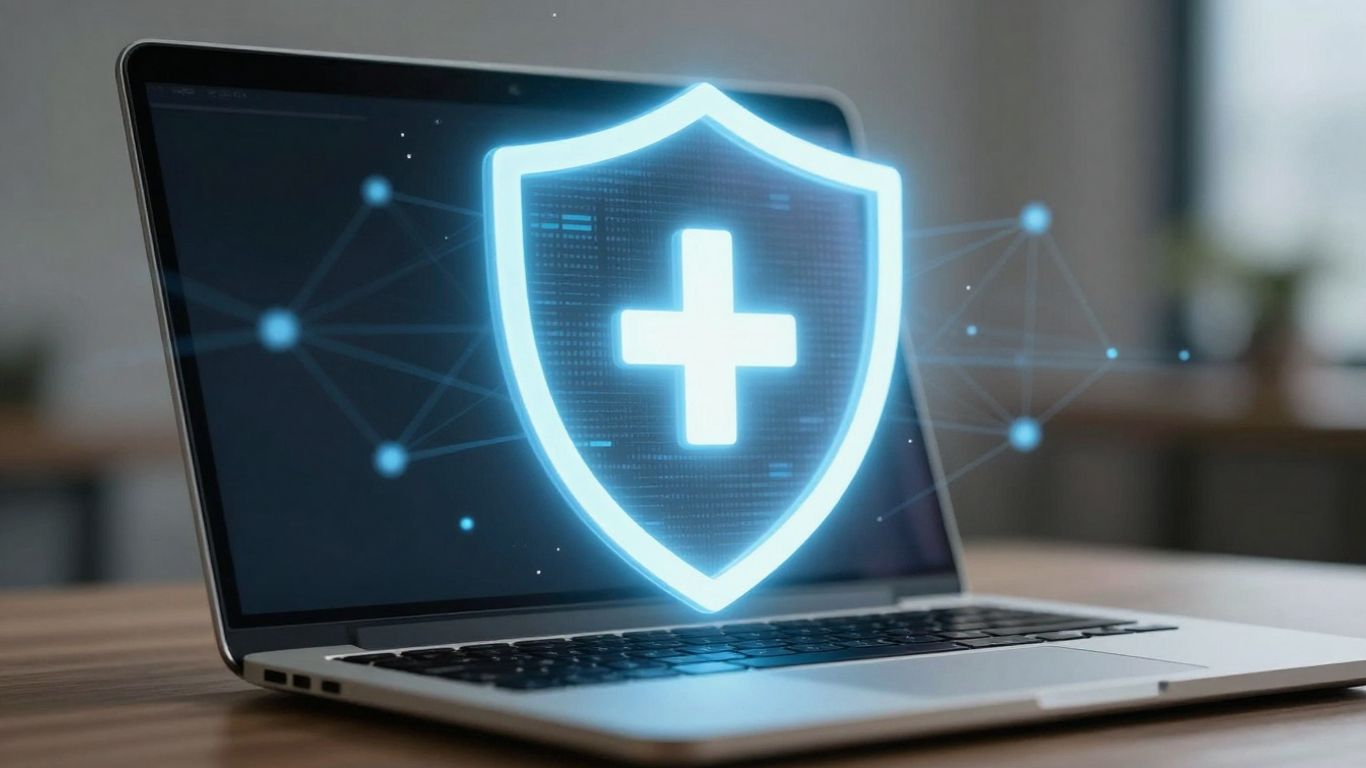Laptop with a digital shield protecting a network.