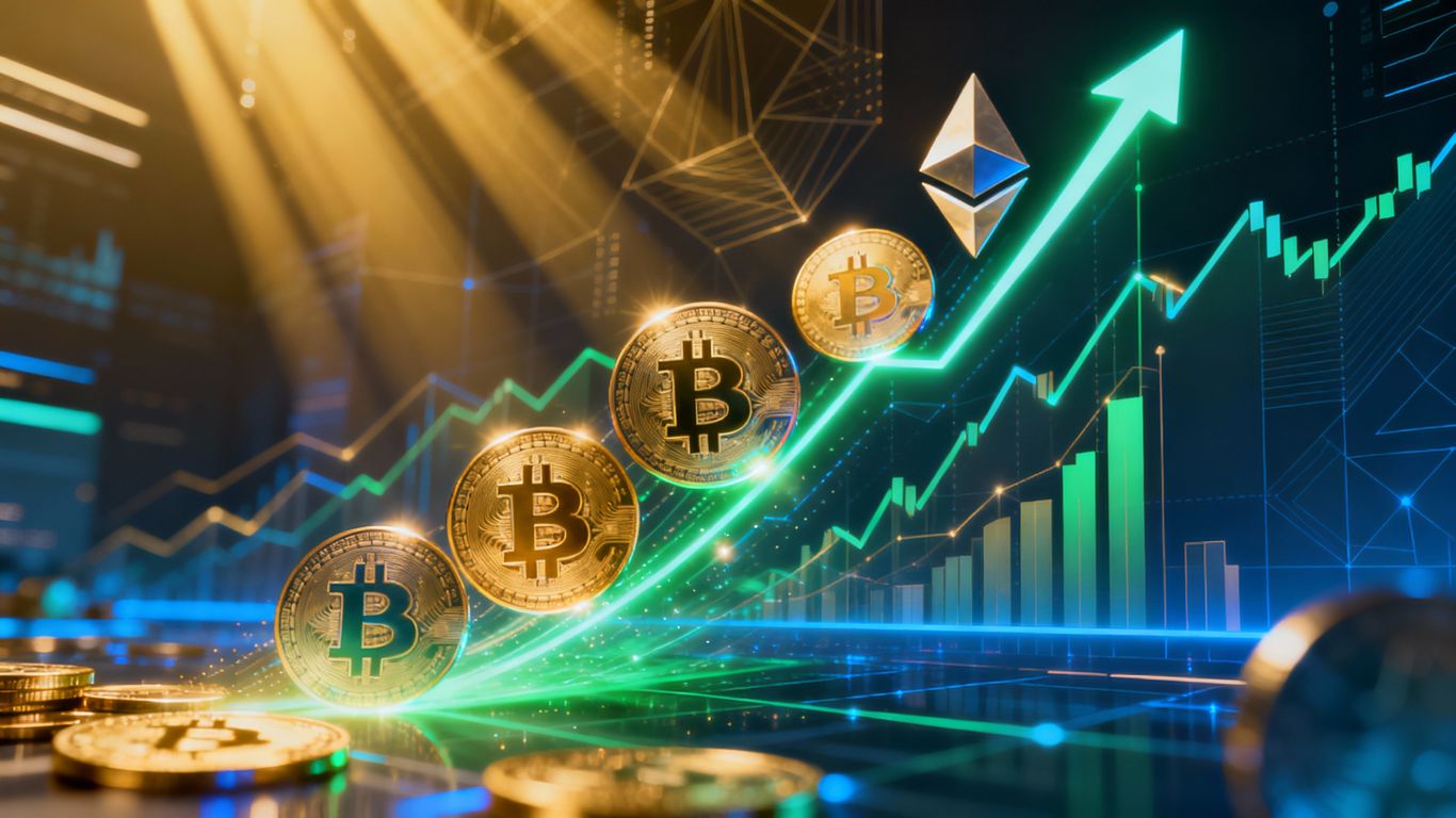 Cryptocurrency symbols rising upwards.