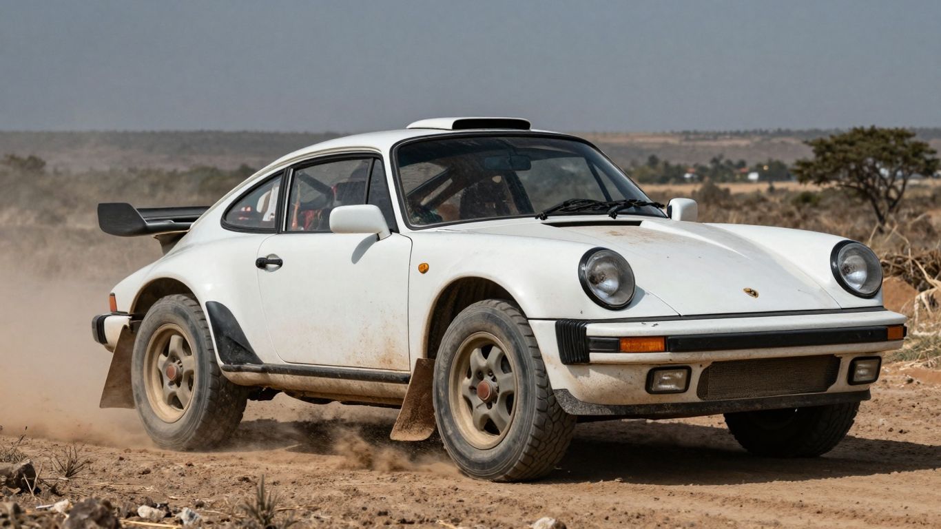 Porsche 911 driving through dusty African rally terrain.