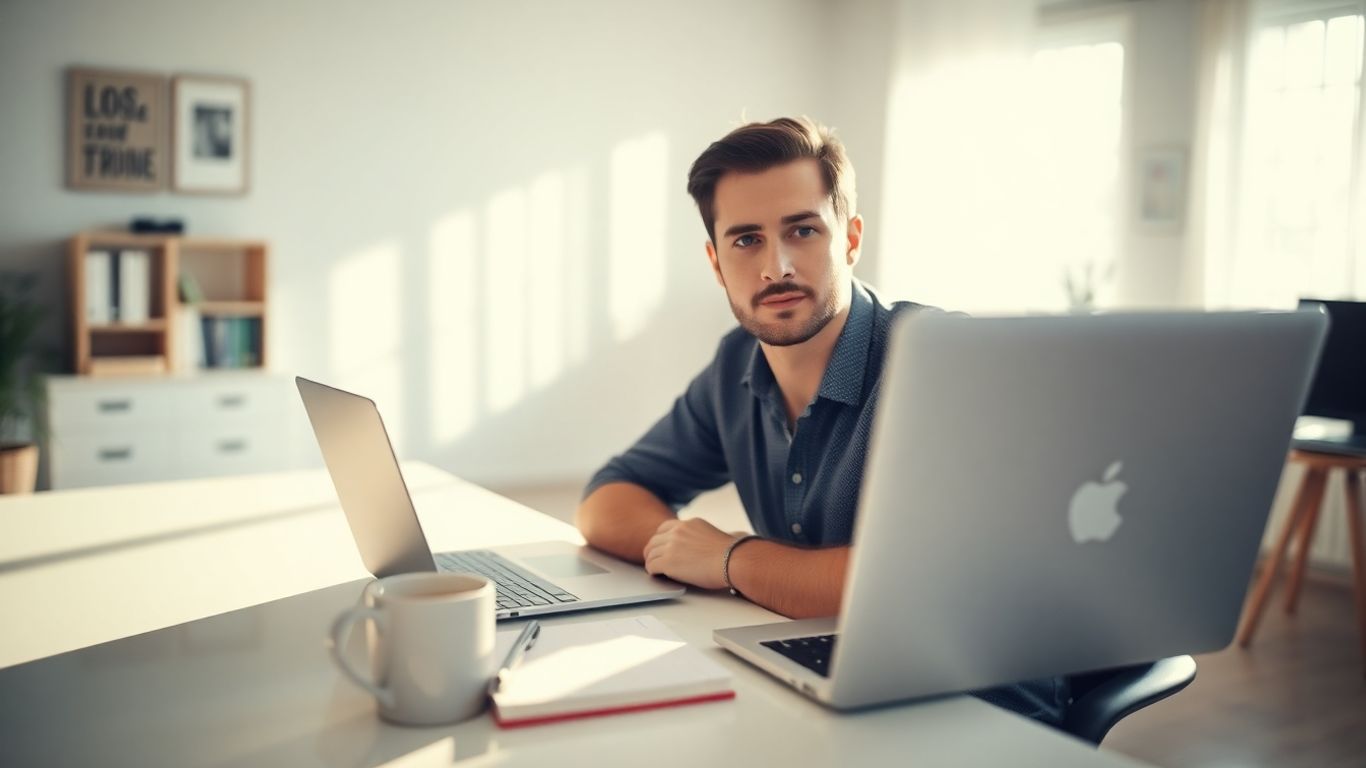 Person working at a desk with a laptop.