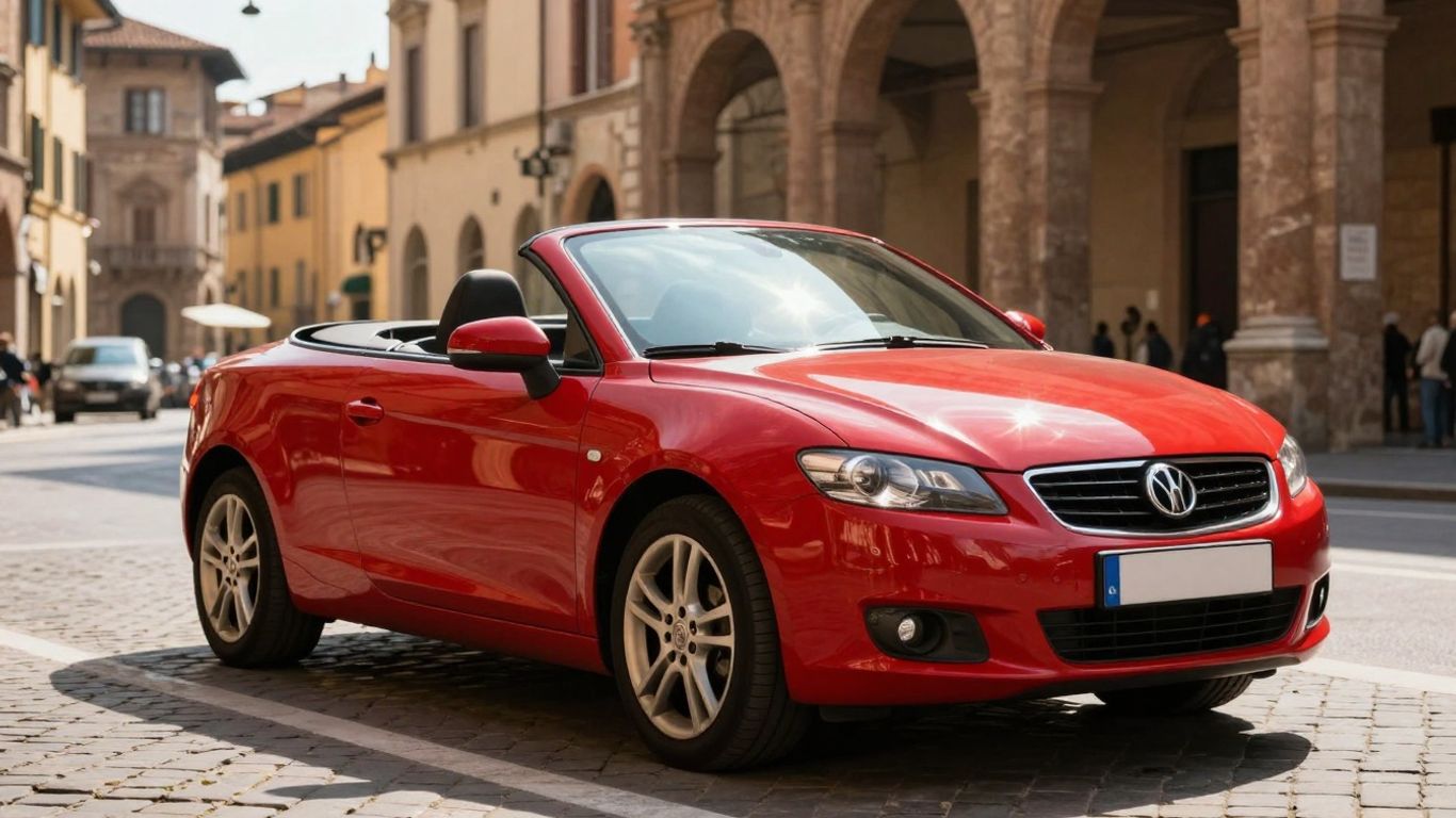 Rotes Cabrio in Bologna auf Kopfsteinpflasterstraße