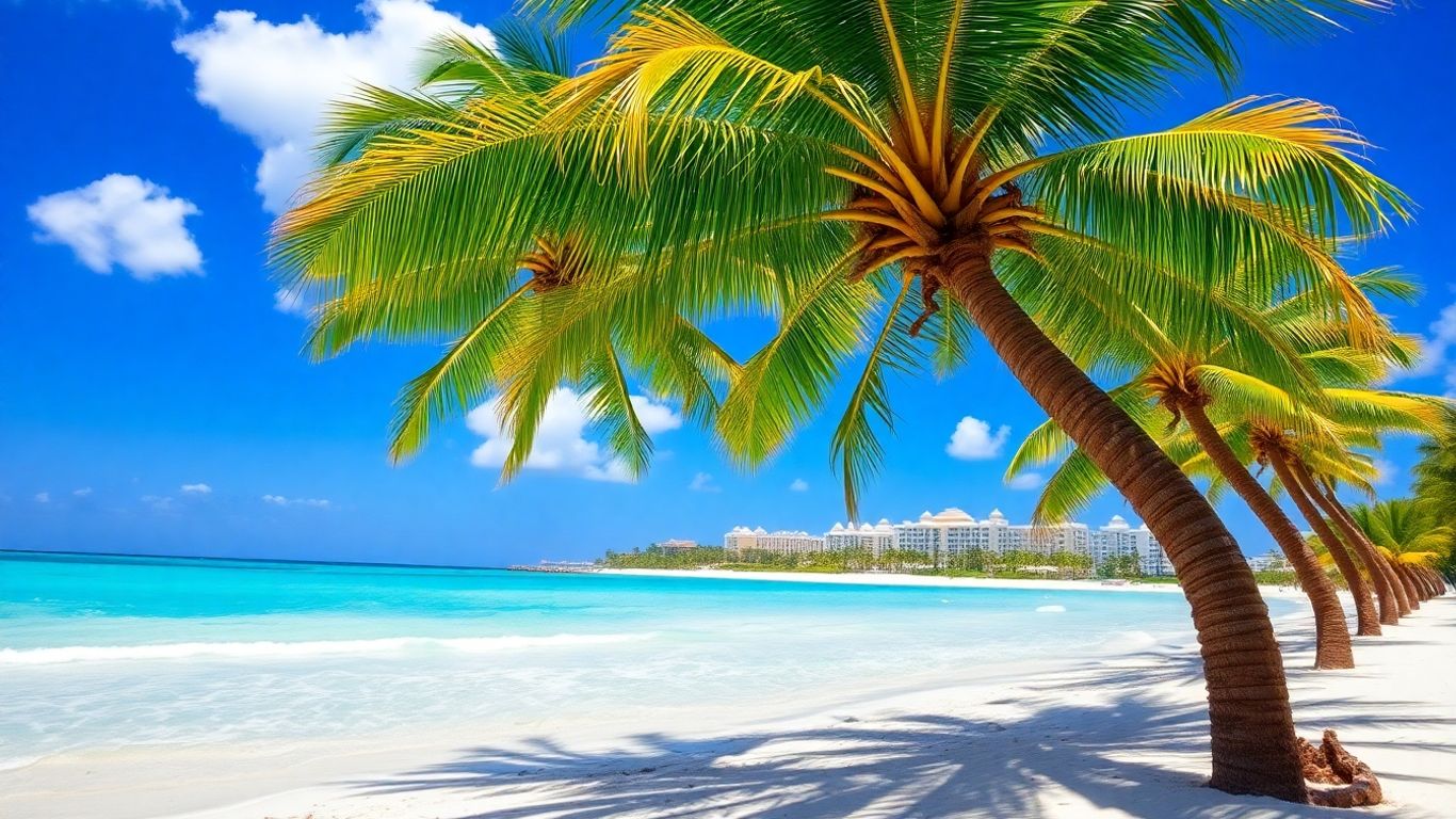 Cancun beach with resort and palm trees