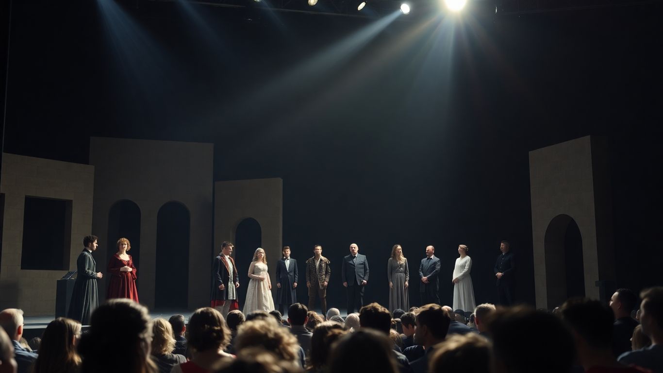Actori pe scena teatrului, public divers.