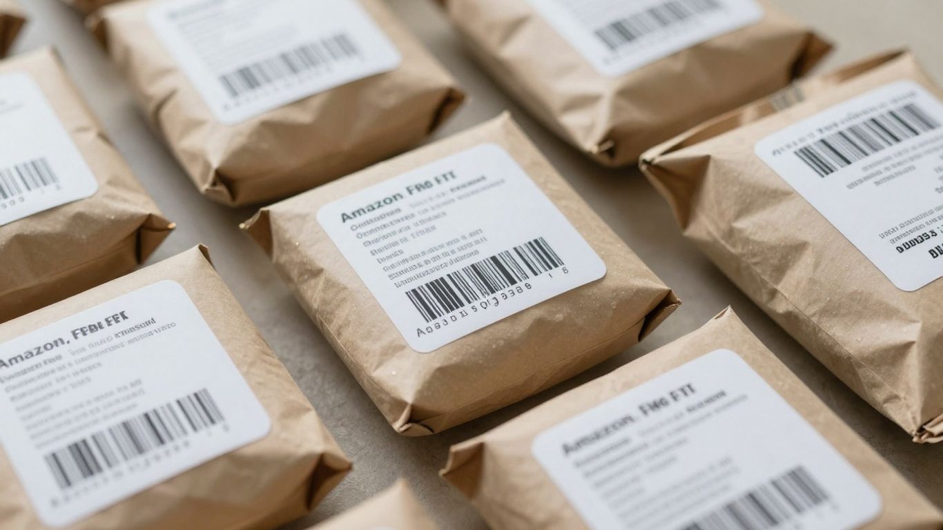 Amazon FBA product packages with clear barcodes and labels.