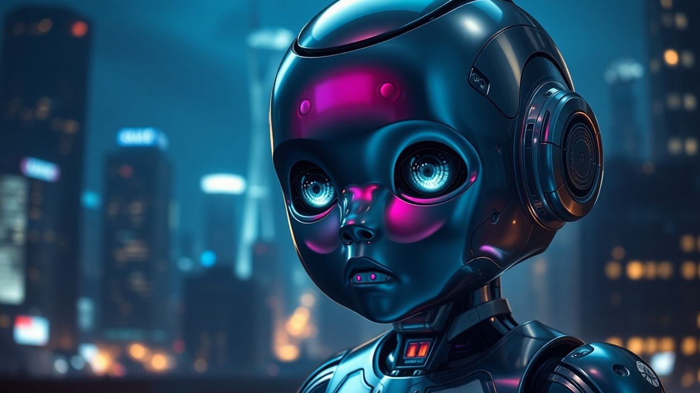 Robot child in futuristic city