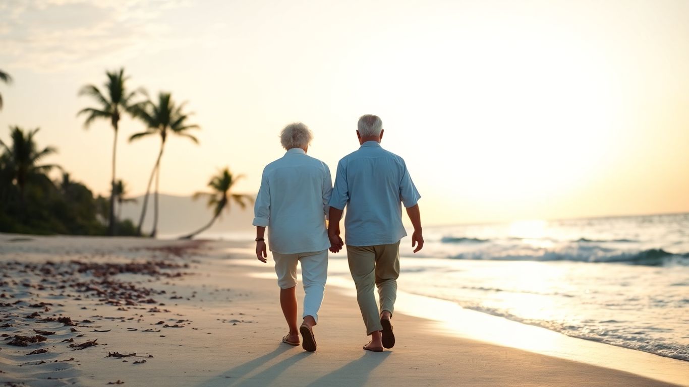 Couple enjoying a peaceful retirement on a beach.