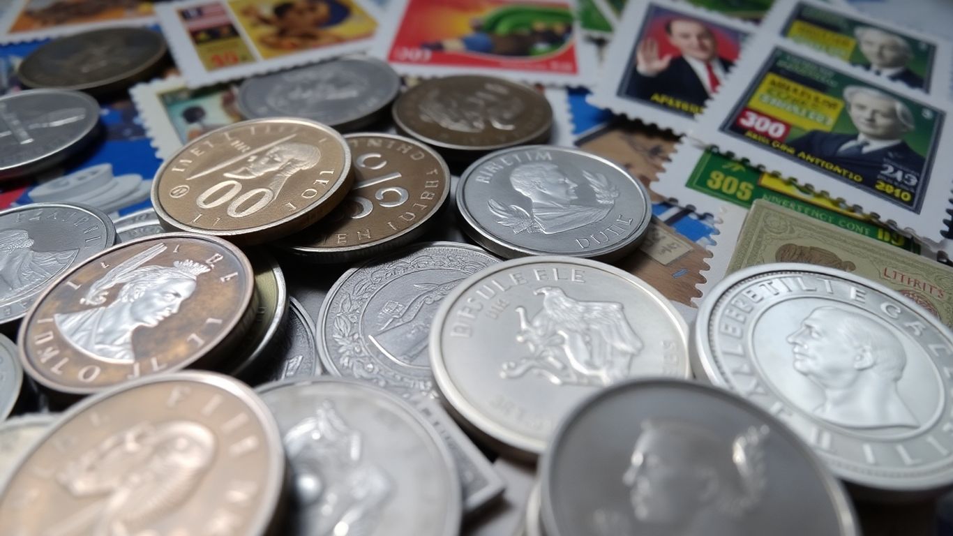 Coins and stamps displayed for collectors