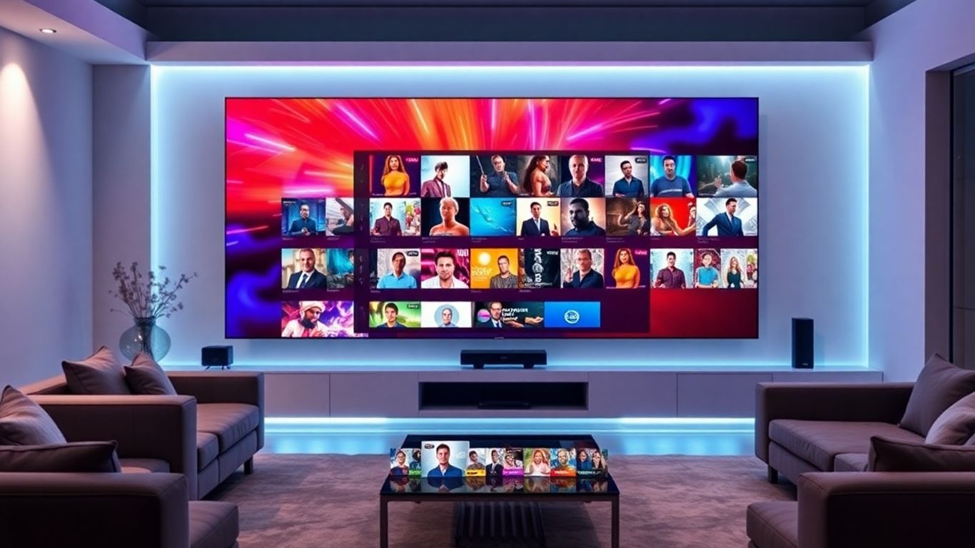 Modern living room with IPTV screen.