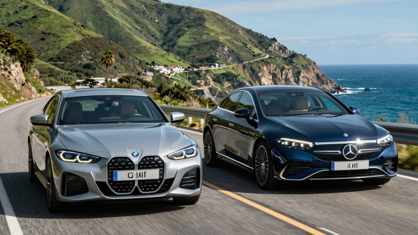 BMW i4 and Mercedes EQE driving on scenic coastal road.