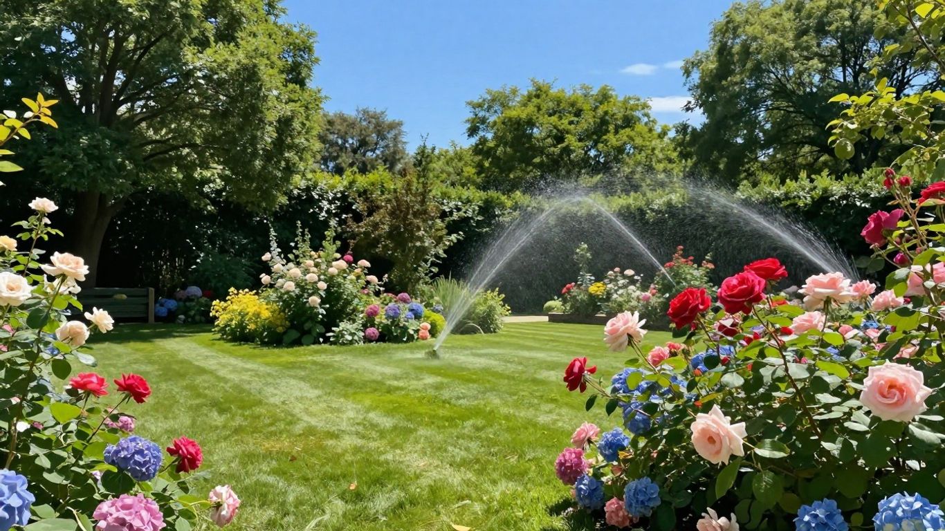 Lush summer garden with colorful flowers and green lawn.