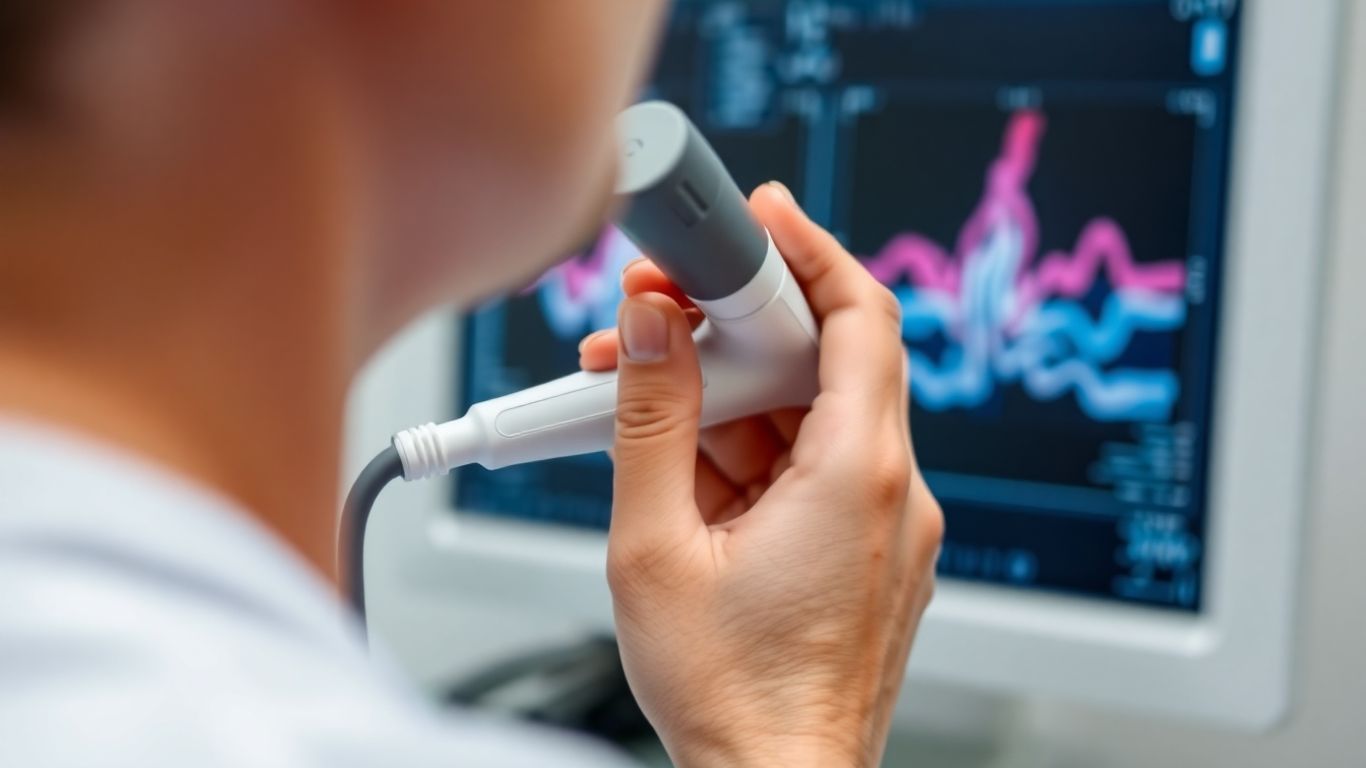 Médico examinando vasos do pescoço com ultrassom.