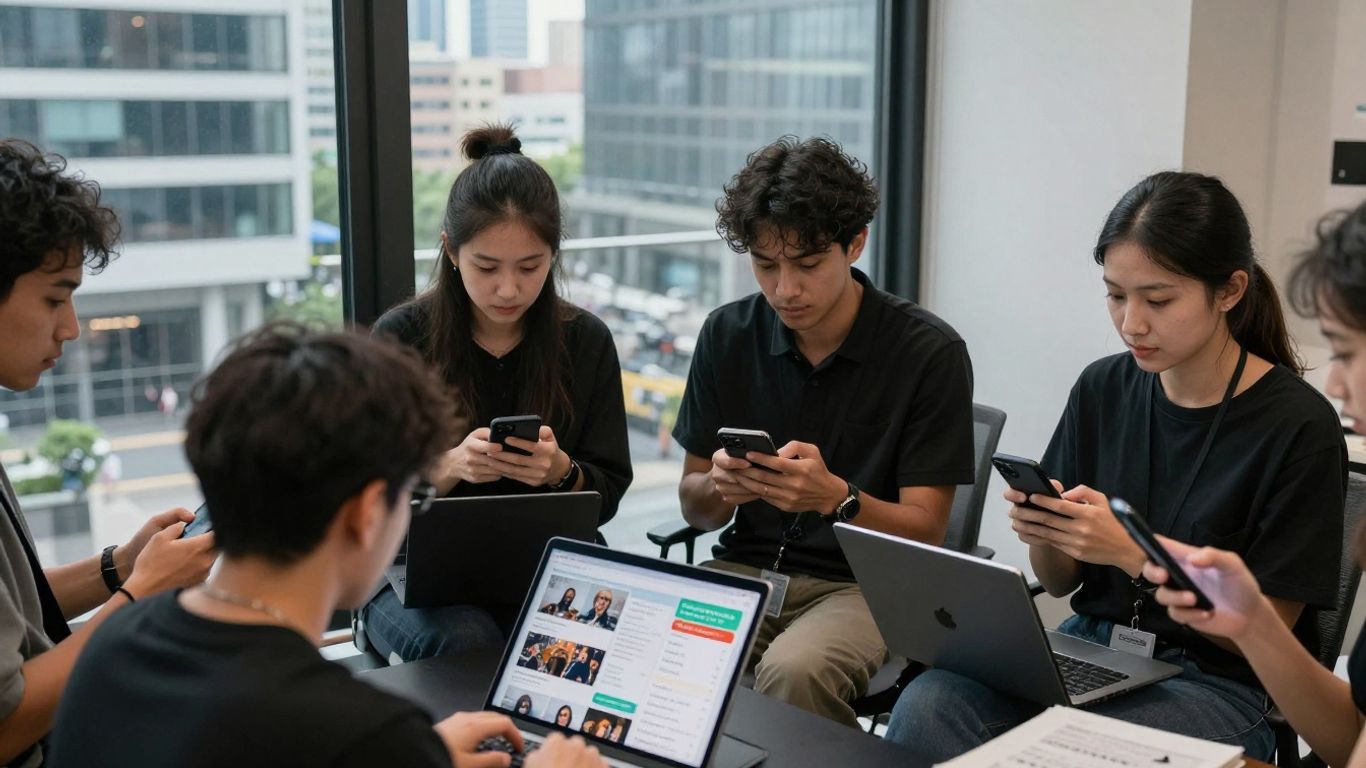 People using digital devices and social media outdoors