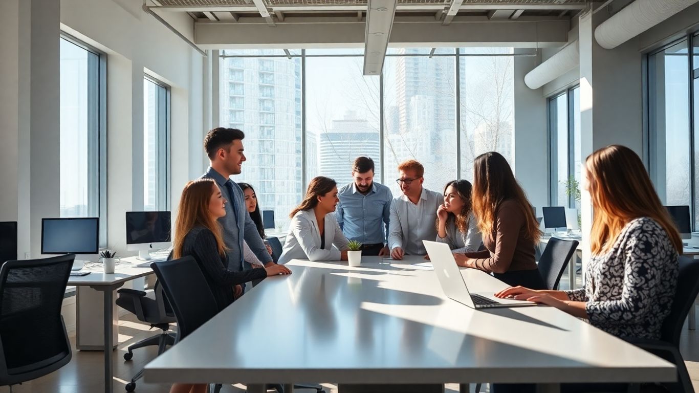 Oamenii lucrează într-un spațiu de birouri modern și luminos.