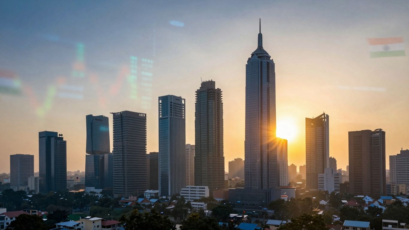 Indian cityscape with financial data streams at sunrise.
