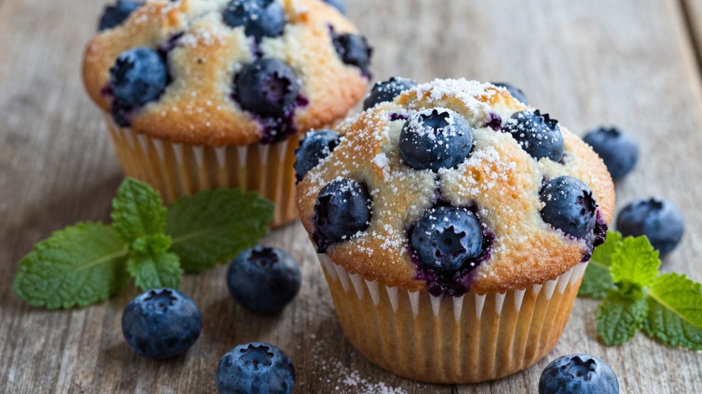 Healthy blueberry muffins with fresh blueberries and mint.