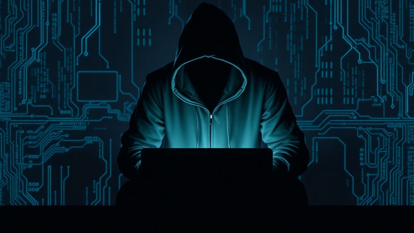 Figure sombre devant un ordinateur, code numérique abstrait.