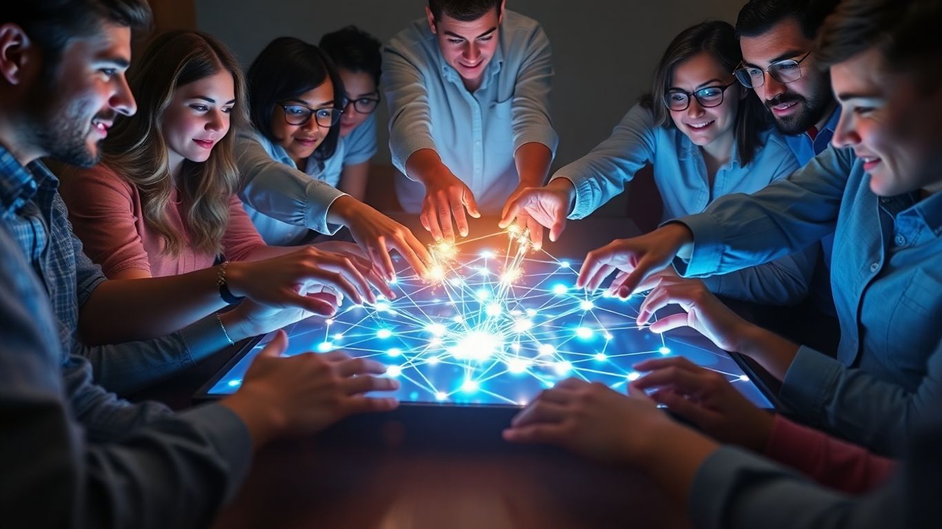 People interacting with a glowing digital network.