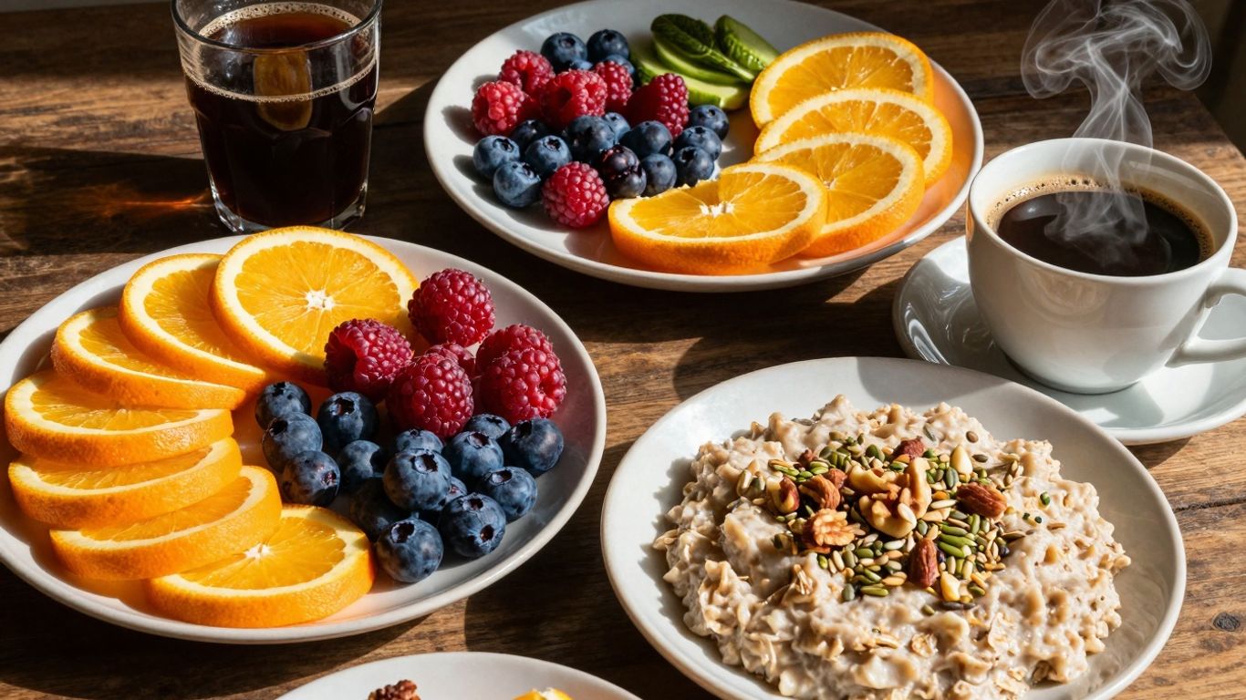 Healthy breakfast spread with fruits, oatmeal, and coffee.