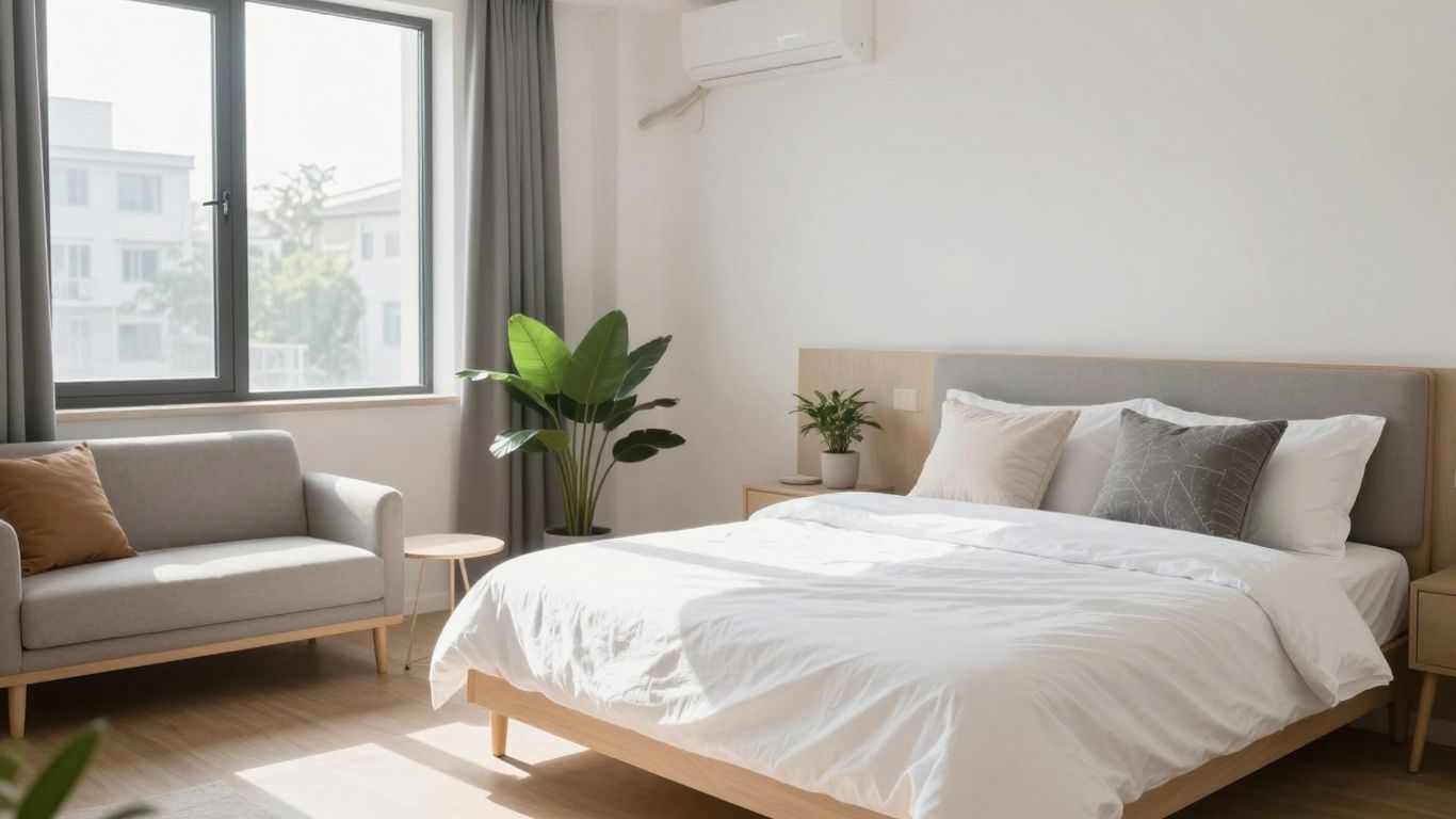 Modern studio apartment with sunlight and stylish furniture.