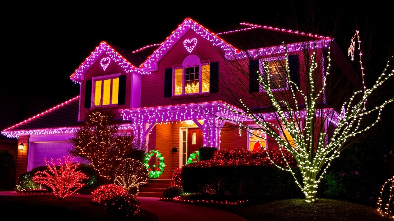 Kirkwood house decorated with bright Christmas lights.