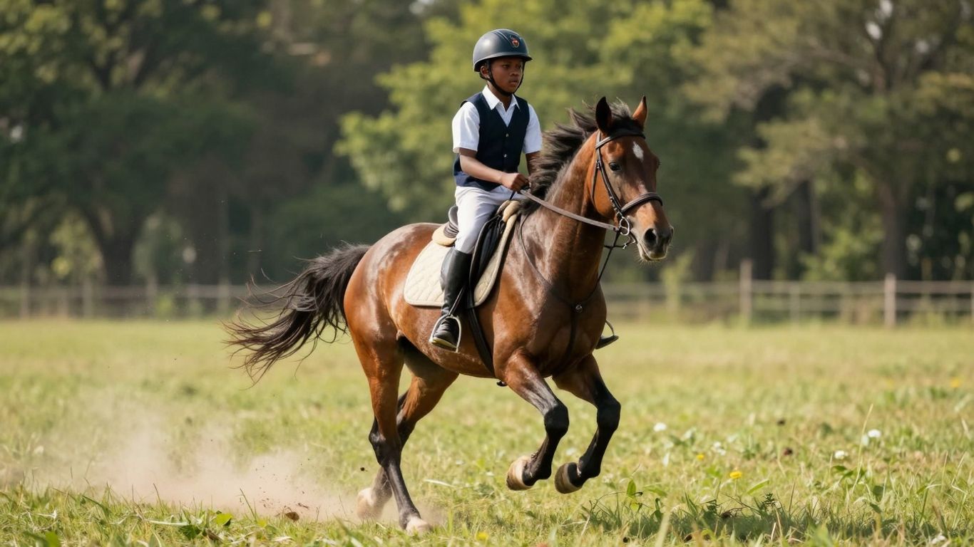 Young rider on horse galloping in field near Canberra