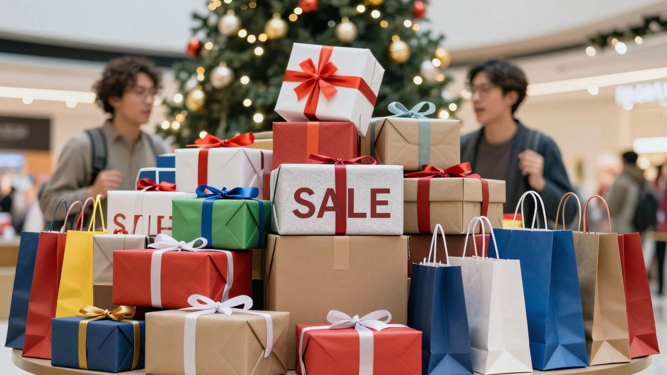 Year-end sales with gift boxes and shopping bags.