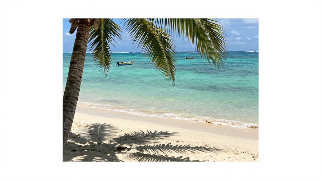Sunny beach with palm trees and clear blue water.