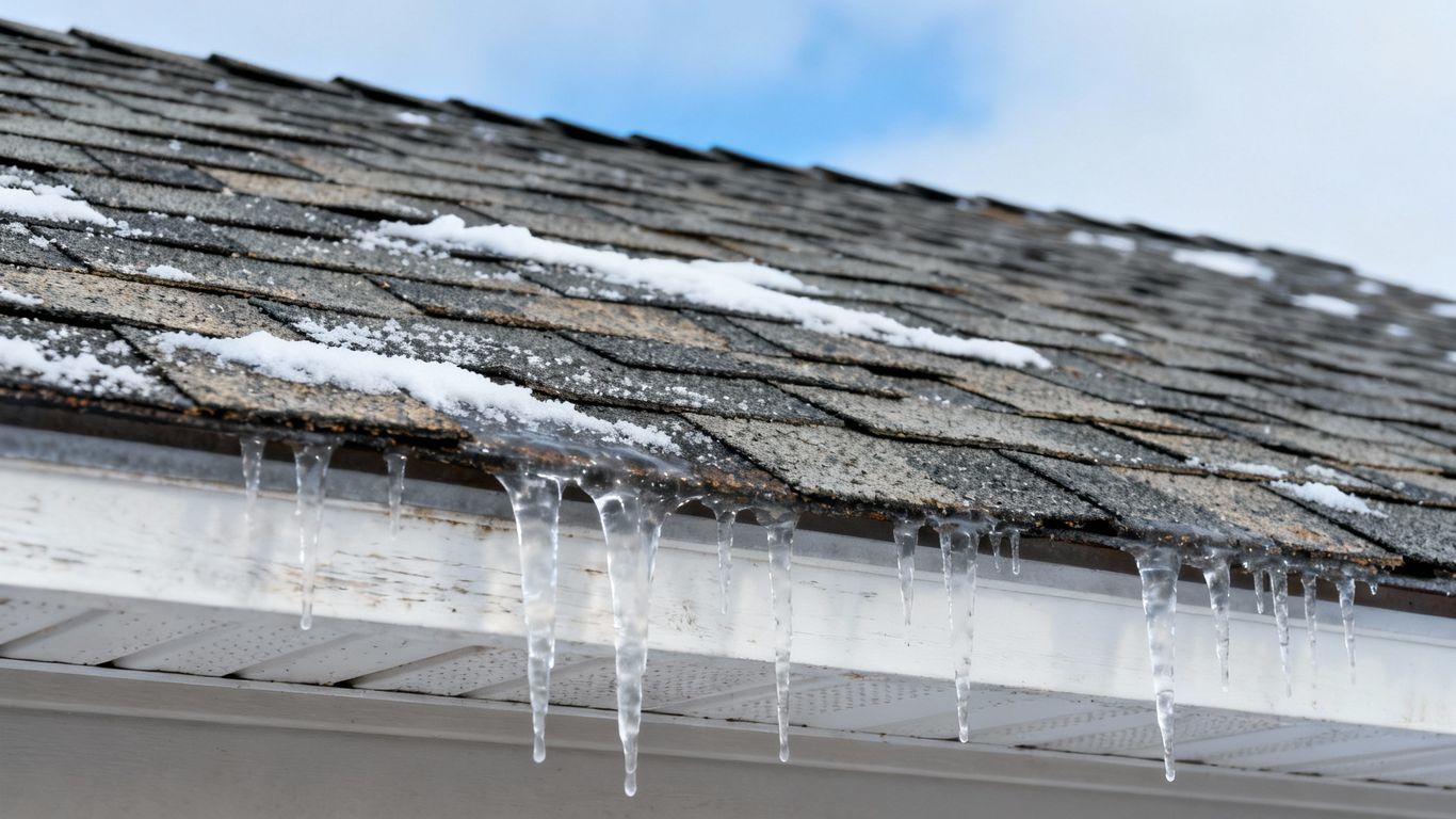 Winter roof with icicles and snow