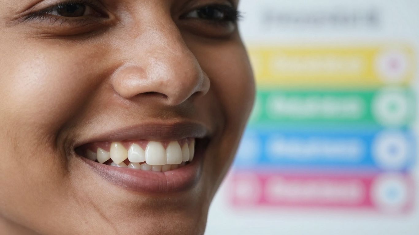 Smiling person with healthy teeth, abstract insurance plan background.