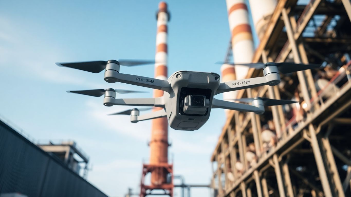Drone inspecting a tall industrial structure from above.