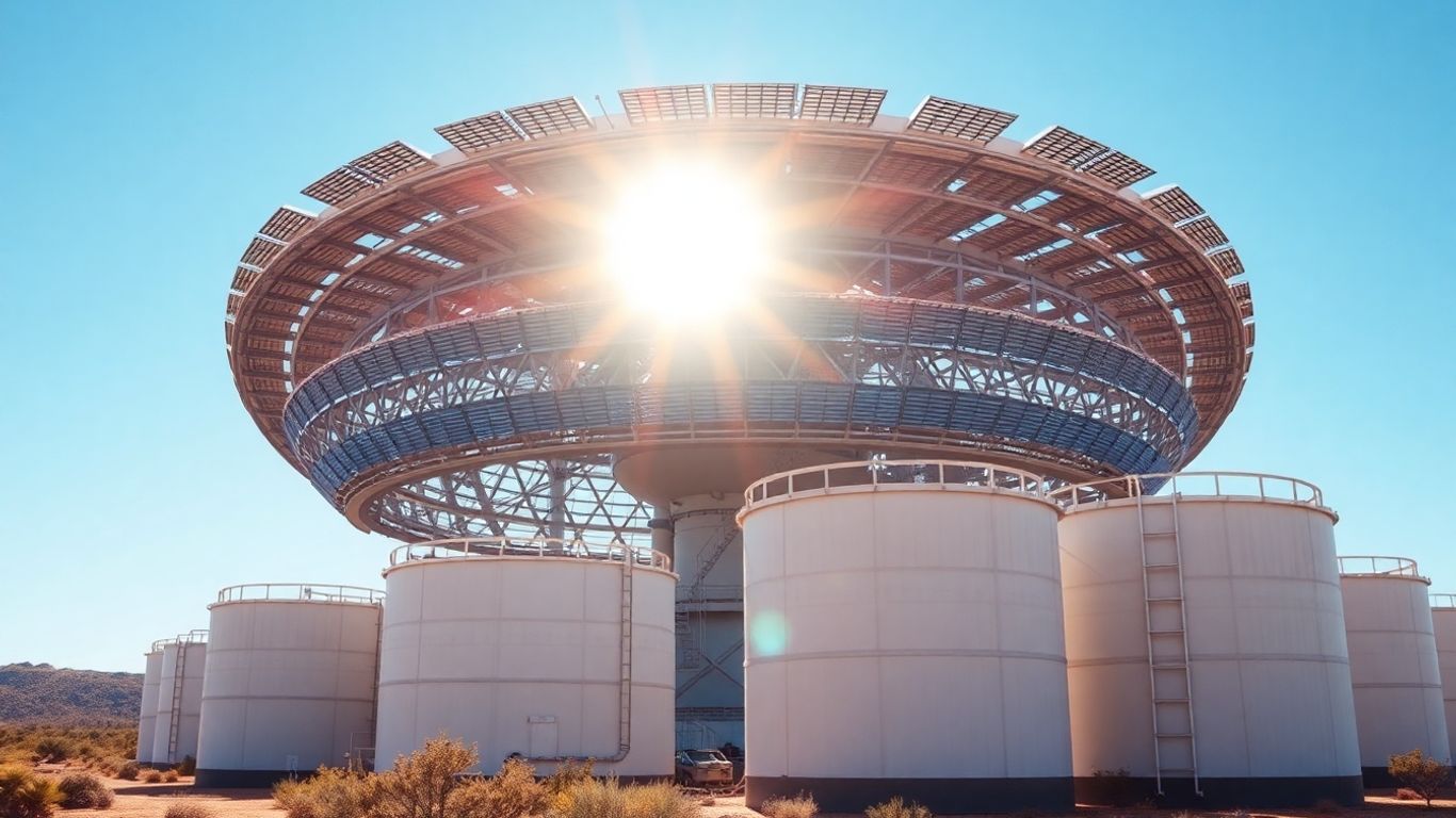Tour solaire avec réservoirs de stockage thermique devant un ciel bleu.