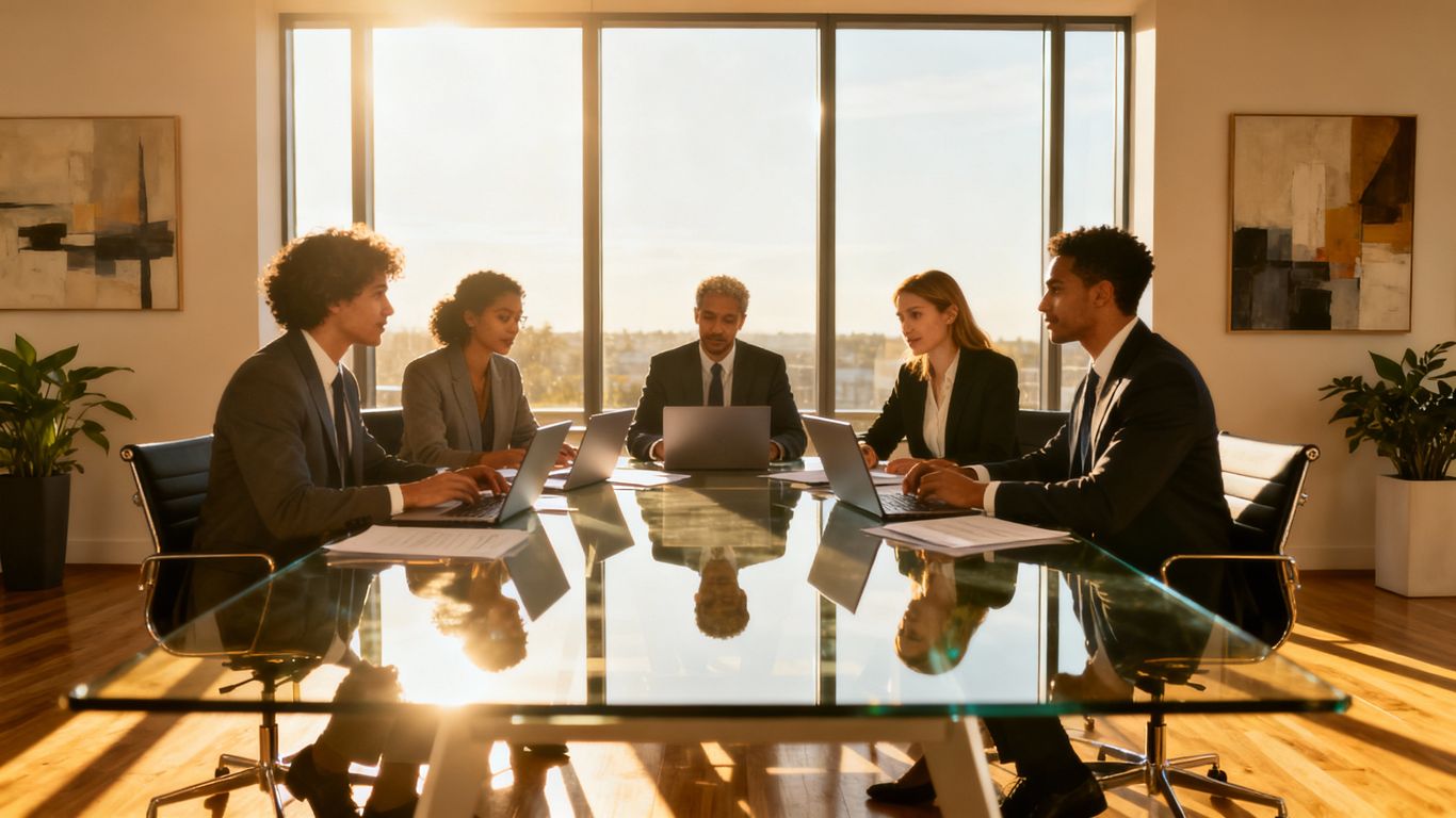 Business team collaborating in a modern office.