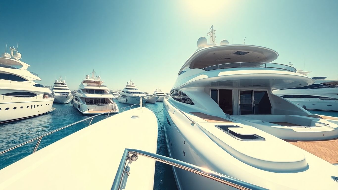 Luxury yachts docked in a sunny, calm bay.