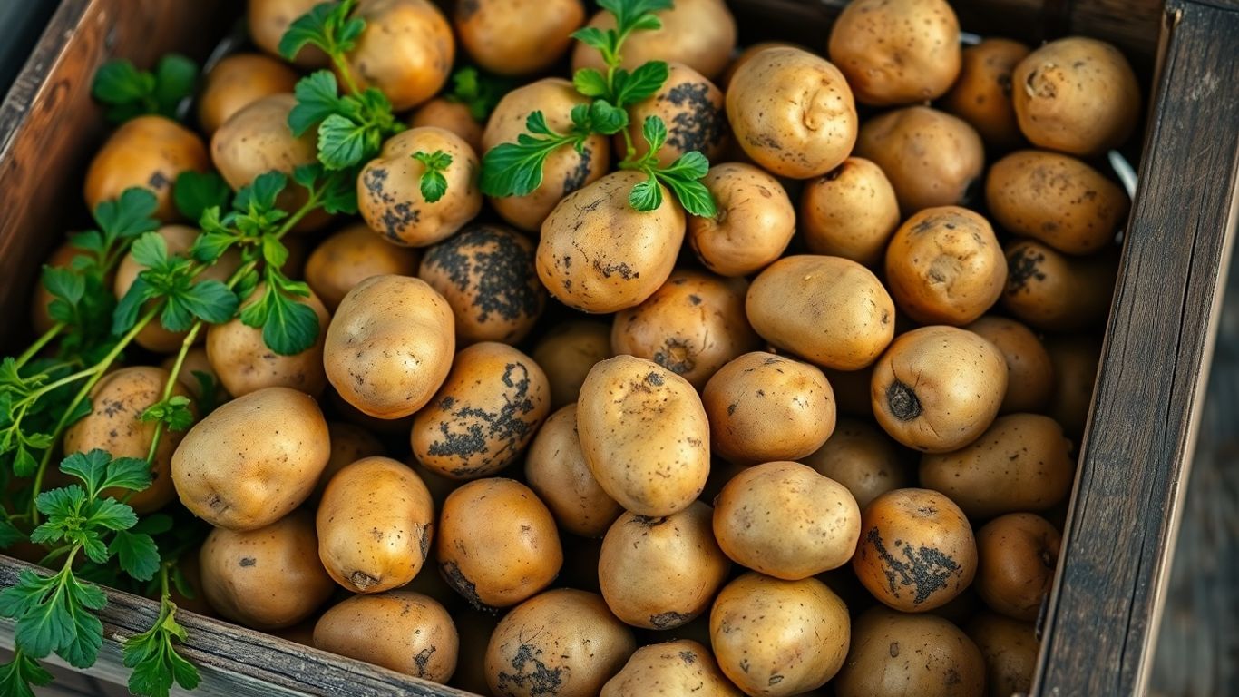 Verschillende soorten biologische aardappelen in een krat.
