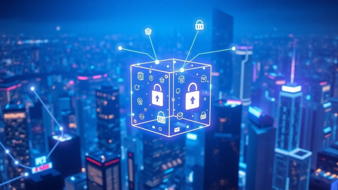 Futuristic blockchain connecting online retail icons.