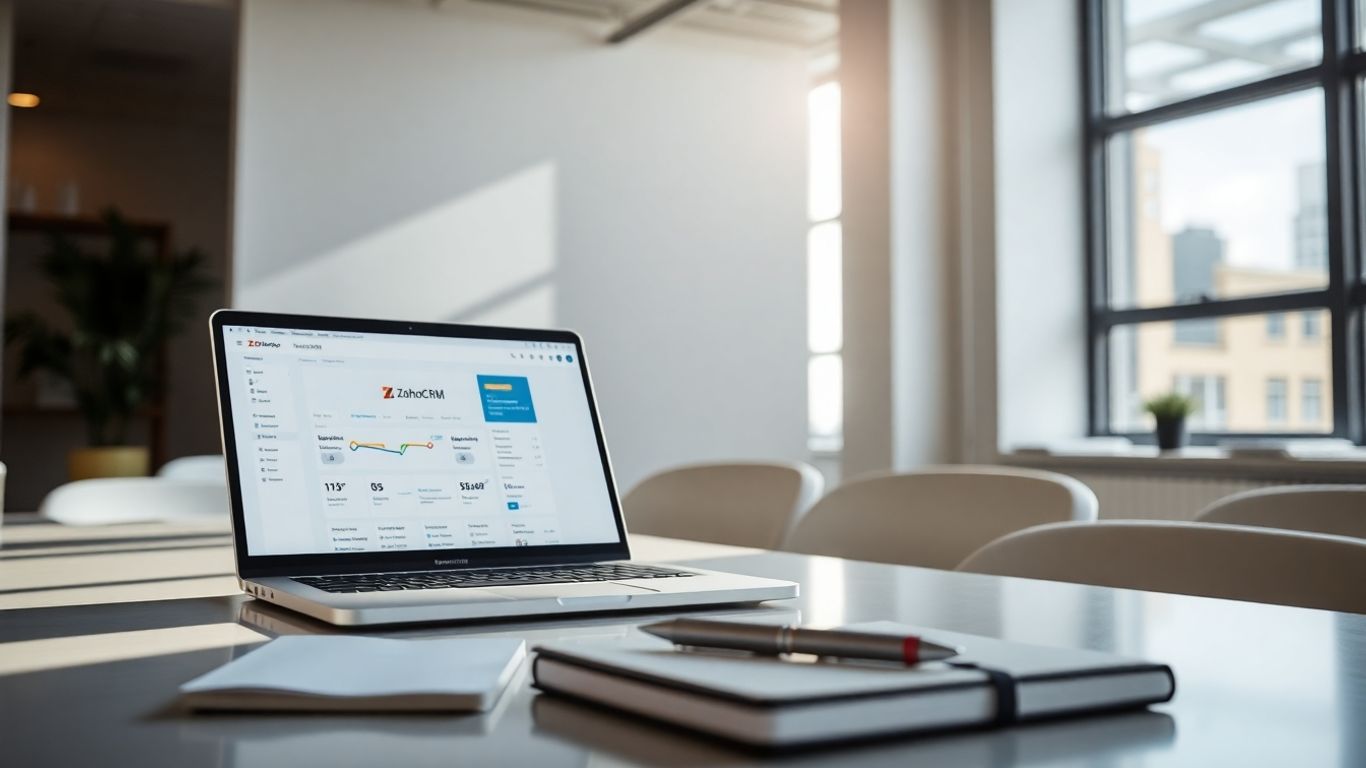 Zoho CRM interface on a laptop screen.