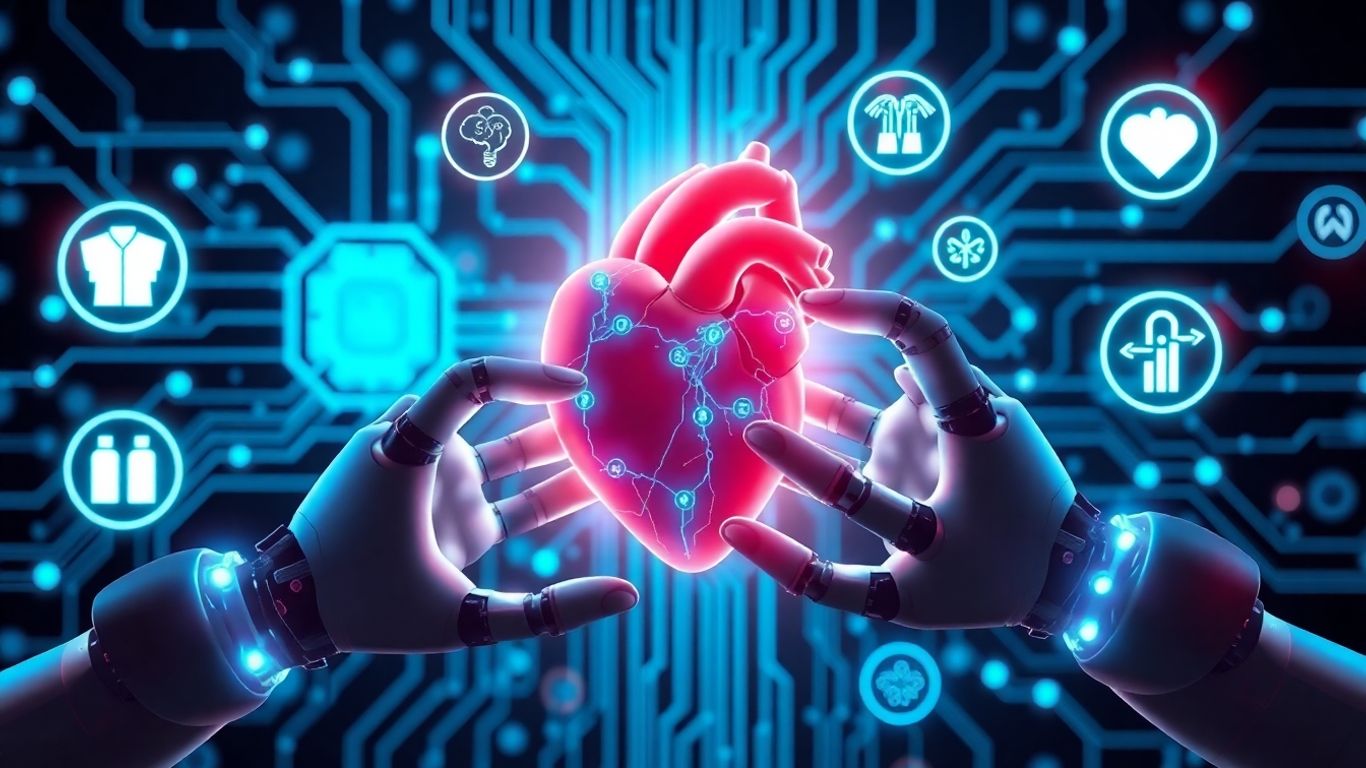 Robotic arms holding heart with digital medical icons.