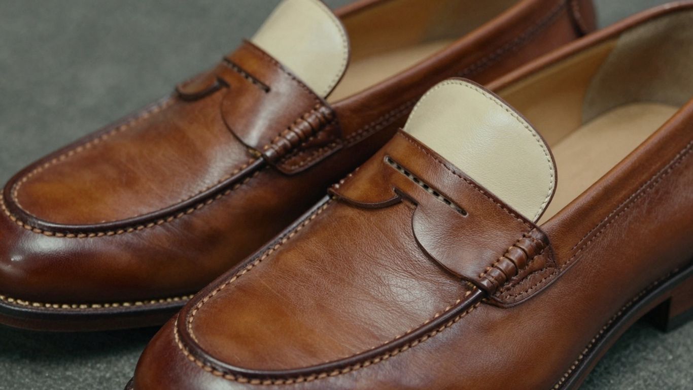 Classic two-tone penny loafers with polished leather.