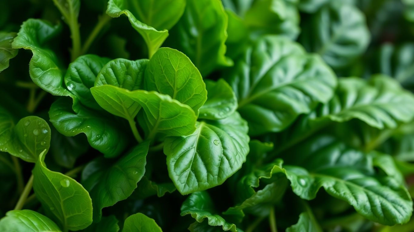 Fresh, dewy leafy greens like spinach and kale.