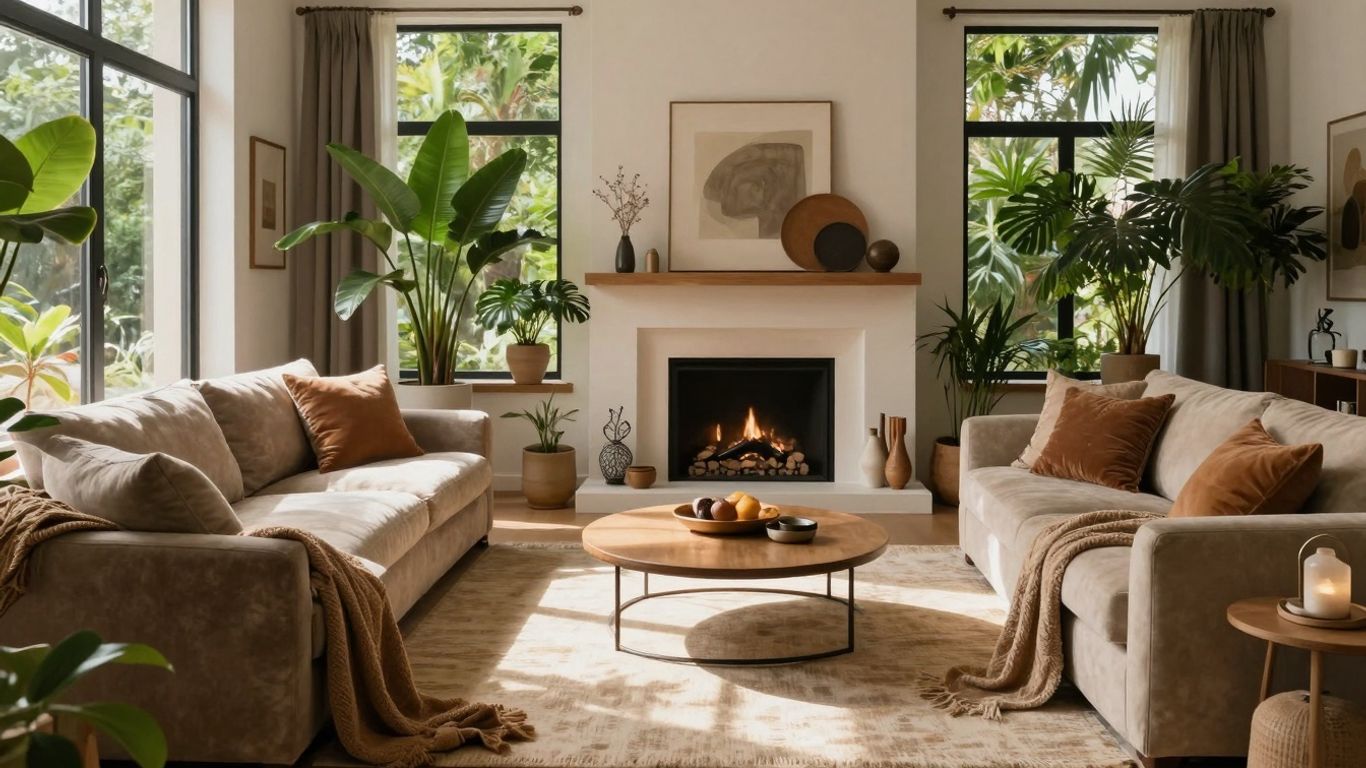 Modern living room with natural light and earthy decor.