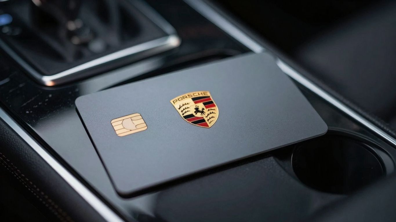 Porsche credit card with logo on a luxury surface.