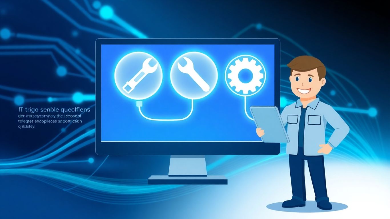 IT support interview questions infographic with technician and computer.