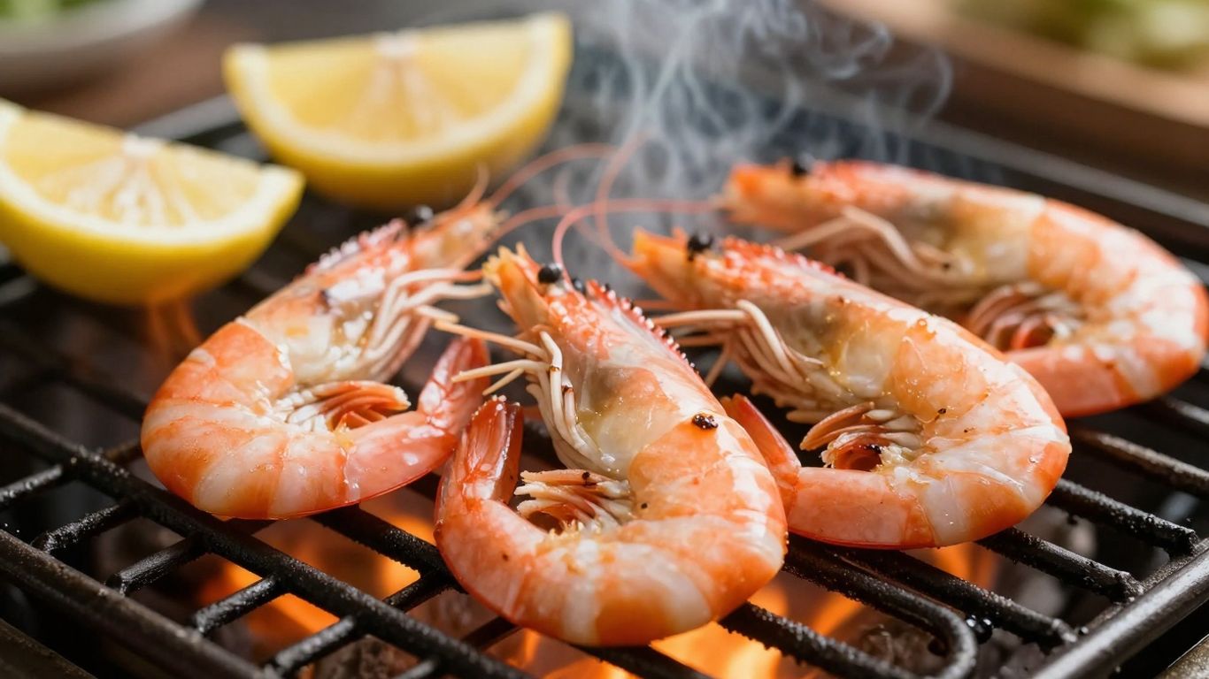 Grilled shrimp with lemon on a barbecue grill.