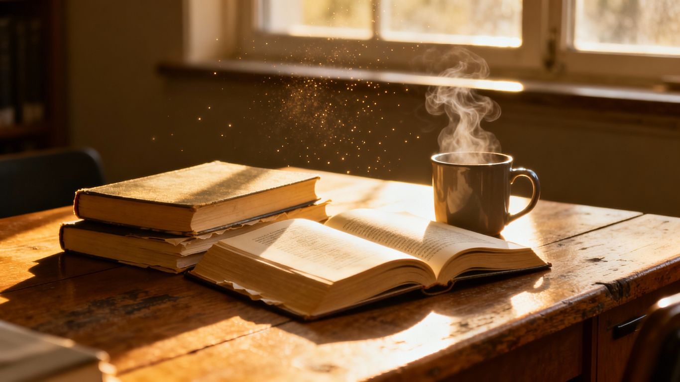 Books stacked on a desk with sunlight and a coffee mug.